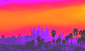 Downtown Los Angeles skyline at sunset 1980's retro style
