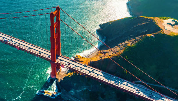 aerial view of the golden gate bridge in san francisco - golden gate bridge panoramic california scenics imagens e fotografias de stock