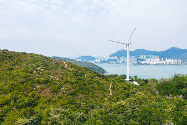 홍콩 라마 섬의 풍력 터빈 시스템에 의한 재생 가능 에너지 - lamma island 뉴스 사진 이미지