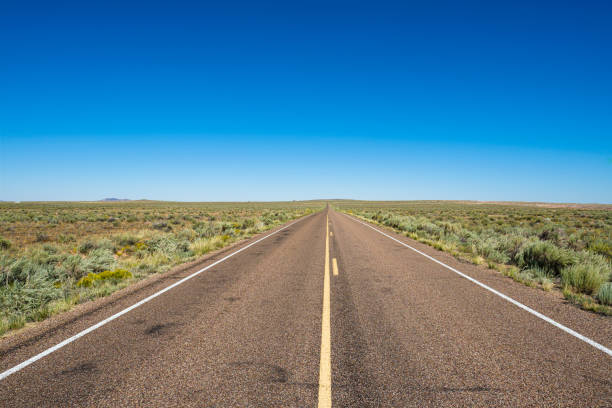 strada del deserto - arid climate asphalt barren blue foto e immagini stock