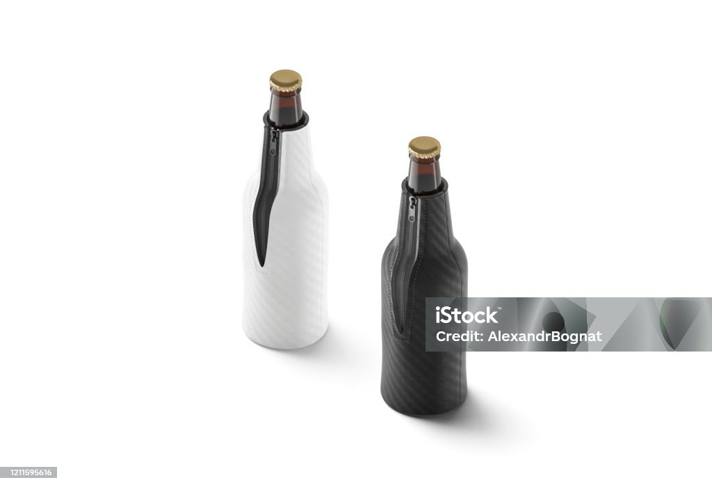 Blank black and white collapsible beer bottle koozie mock up Blank black and white collapsible beer bottle koozie mock up, 3d rendering. Empty kozie holder for glass botle mockup isolated, side view. Clear coolie pocket for cold fizzy beverage mokcup template. Alcohol - Drink Stock Photo
