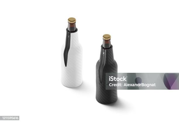 Blank Black And White Collapsible Beer Bottle Koozie Mock Up Stock Photo - Download Image Now