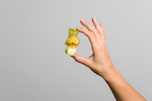 diet and fit body concept. tender woman hand holding an apple core