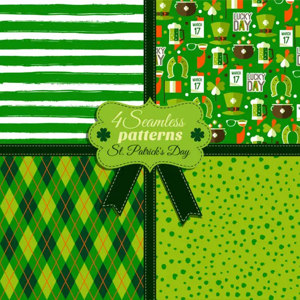 Vector illustration of Seamless fashion pattern set og green colors in different textures. St Patricks day celebration.