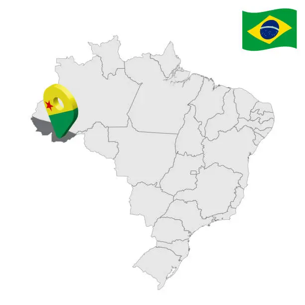 Vector illustration of Location of Acre on map Brazil. 3d Acre  location sign. Flag of Acre. Quality map with regions of Brazil. Stock vector. EPS10.