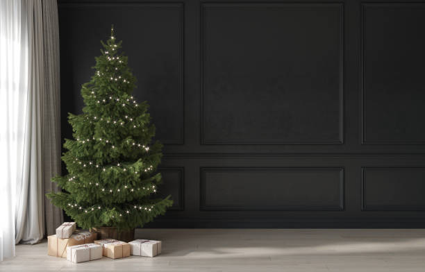 istock Festive interior in gray and beige with a minimalistic Christmas tree 1211603452
