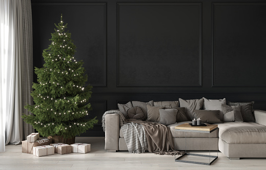 Festive living room in gray with a beige cozy sofa and a Christmas tree with gifts. New Year's interior. Christmas interior / 3D illustration, 3d render