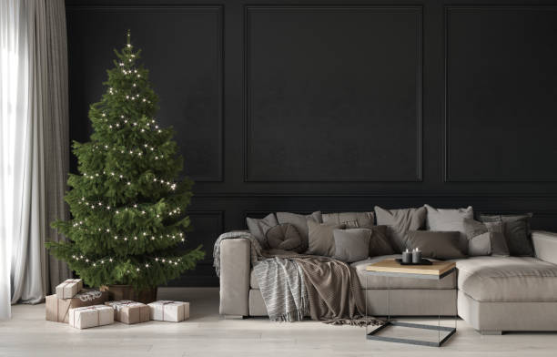 праздничная гостиная с бежевым уютным диваном и елкой с подарками - indoors living room inside of domestic room стоковые фото и изображения