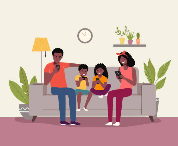 Mother and father with children sitting on the sofa with smartphones. African american family. Vector flat illustration Mother and father with children sitting on the sofa with smartphones. African american family. Vector flat illustration black family home stock illustrations