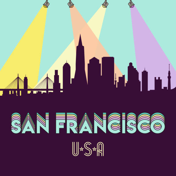 illustrazioni stock, clip art, cartoni animati e icone di tendenza di illustrazione vettoriale di design piatto della silhouette dello skyline della california usa - san francisco county skyline silhouette sky