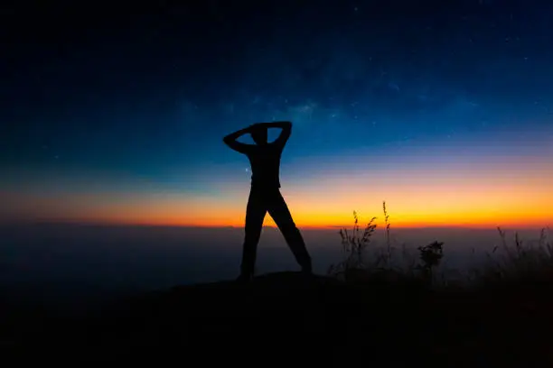 Photo of Milky Way. Night sky and silhouette of a standing man