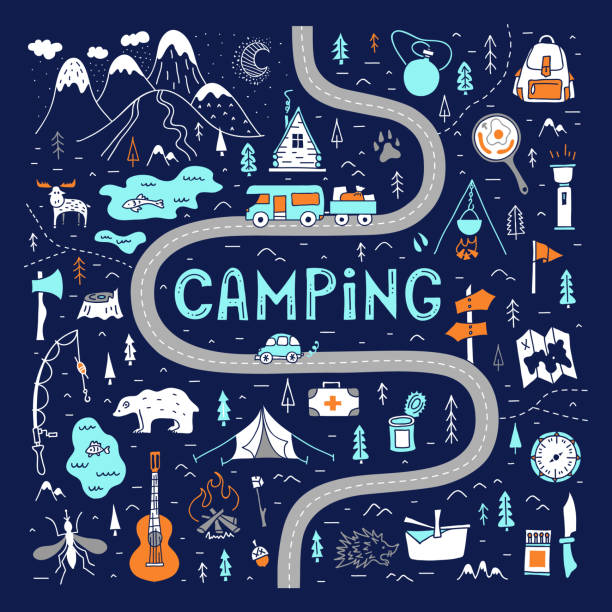 Camping. A hand-drawn map with basic symbols and places to travel for the weekend. Camping map with lettering. Tourist route for a weekend trip. Hand-drawn vector illustration in doodle style. Hiking trail. Trekking in the forest and outdoor recreation. hiking drawings stock illustrations