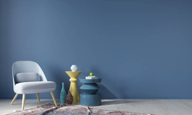 istock Blue interior with armchair and colored tables 1211606450