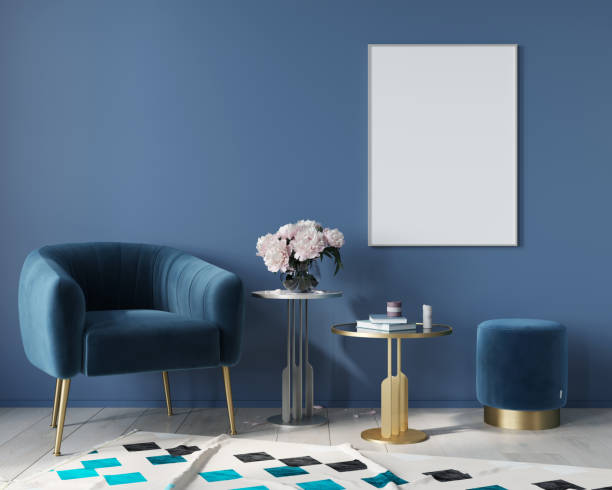 Blue interior with velvet armchair and metal tables Blue interior in art deco style with armchair, poster, metal tables with marble countertop. Mock up interior / 3D illustration, 3d render art deco vase stock pictures, royalty-free photos & images