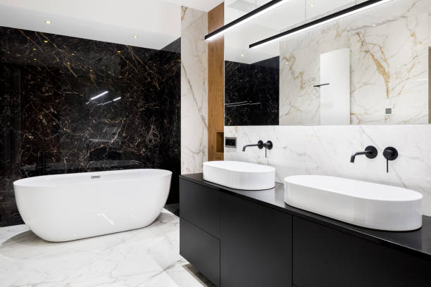 istock Luxury bathroom with marble walls and floor 1211606598