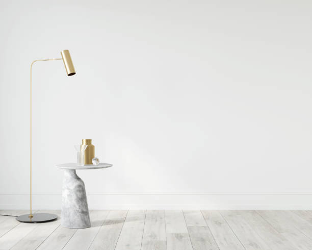 istock Interior with marble table and golden floor lamp 1211606969