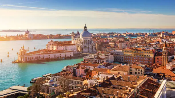Aerial View of the Grand Canal and Basilica Santa Maria della Salute, Venice, Italy. Venice is a popular tourist destination of Europe. Venice, Italy.
