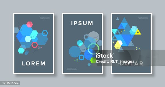 istock Poster set design template with retro abstract geometric science and technology illustrations on dark background 1211607774