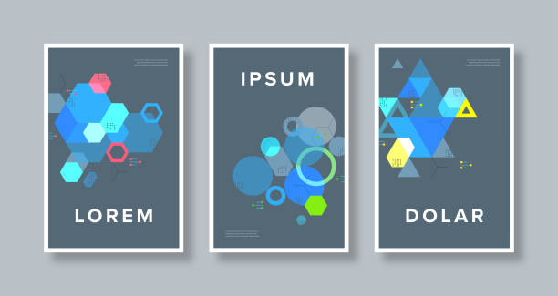 Poster set design template with retro abstract geometric science and technology illustrations on dark background Abstract vector graphics applied to cover design template. Vector artwork is easy to colorize, manipulate, and scales to any size. hexagon illustrations stock illustrations