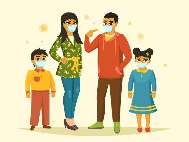 Big family wearing surgical mask, Coronavirus protection, vector illustration vector art illustration