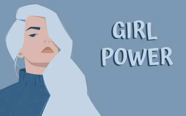 Vector illustration of Girl with light blue hair and a domineering look. International woman’s day.