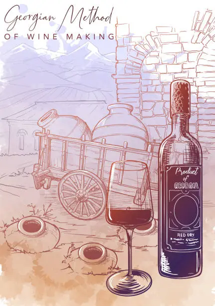 Vector illustration of Georgian wine culture. Wine bottle and glass, with Georgian countryside panorama on a background. Grunge