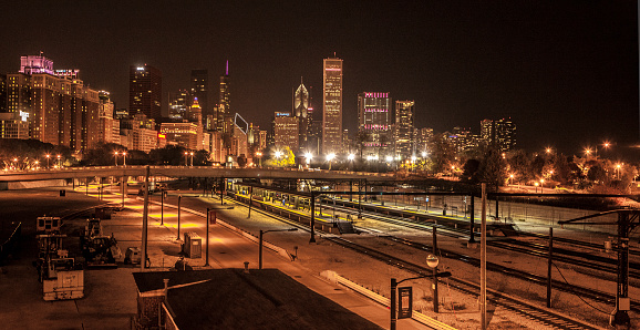 View of transit platform at night in Chicago