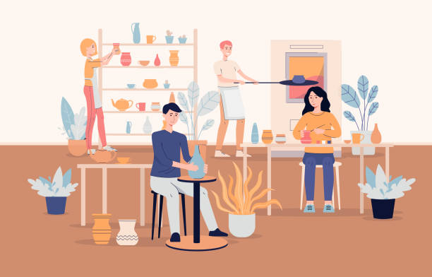 People characters work at ceramic workshop background flat vector illustration. Diverse people cartoon characters working at ceramic workshop interior background, flat vector illustration. Pottery courses and creative hobby banner concept. pottery making stock illustrations