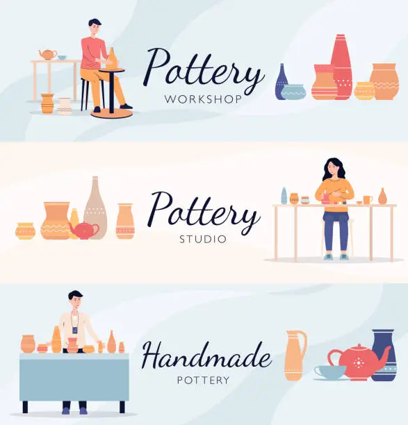 Vector illustration of Set of banners with pottery making people characters, flat vector illustration.