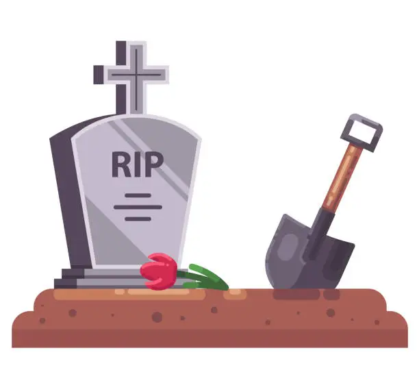 Vector illustration of fresh grave with stove and christian cross. dig a shovel