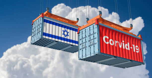 istock Container with Coronavirus Corvid-19 text on the side and container with Israel Flag. Concept of international trade spreading the Corona virus. 3D Rendering 1211614815