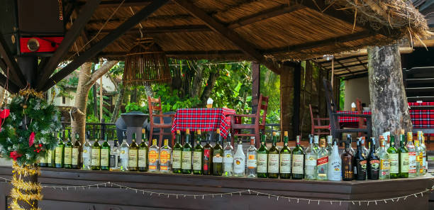 garrafas de álcool gim vinho vodka bar de cerveja em bai sao beach phu quoc island, vietnã 20 de janeiro de 2015 - brand name liquid wine champagne - fotografias e filmes do acervo