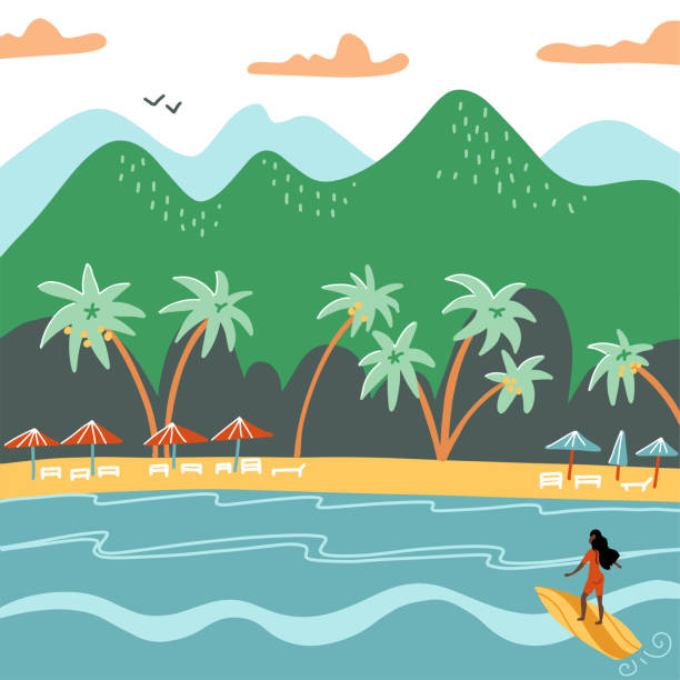 ilustrações de stock, clip art, desenhos animados e ícones de beach summer landscape. tourist sunbeds on the coast, umbrellas and palms near the mountains. vacation, relaxation, ocean, sun, palms. surfing girl. vector flat illustration - hawaii islands tropical climate mountain residential structure