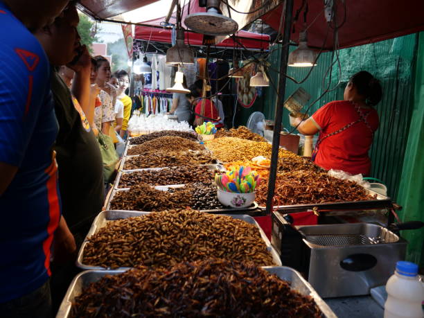 selling deep-Fried insects Bangkok, Thailand-November 10, 2019: Food vendor selling deep-Fried insects to the passerby in the market. People walk around the area. Some buy the food. fried insects for snack thai food at market stock pictures, royalty-free photos & images