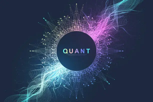 Vector illustration of Abstract fiction vector illustration quantum computer technology. Sphere explosion background. Deep learning artificial intelligence. Big data visualization algorithms. Waves flow. Quantum explosion.