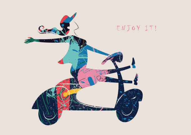 ilustrações de stock, clip art, desenhos animados e ícones de vespa, woman, scooter, driving, fun - vector illustration - vespa scooter