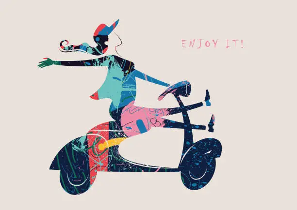 Vector illustration of Vespa, woman, scooter, driving, fun - vector illustration