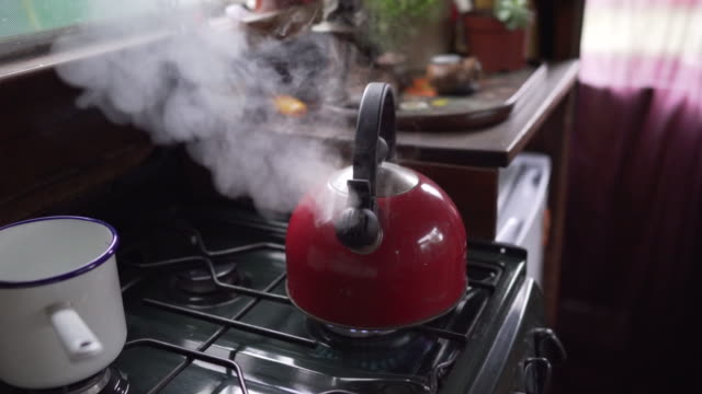 A kettle with a whistle boiling with steam on the cooker in a Narrow boat (with Sound)