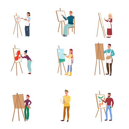 A collection set of artists painting on canvas with an easel. Talented painters at the working process concept. Colorful vector flat isolated icons set.