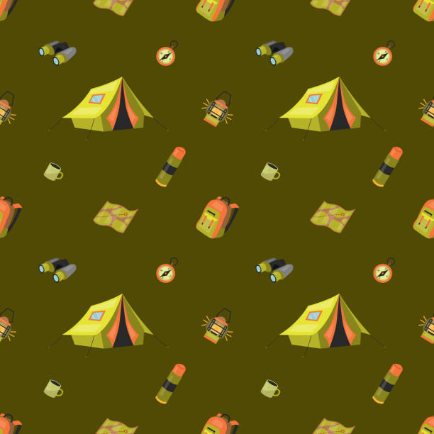 Camping Seamless Pattern Concept. Set of Equipment And Tools For Professional Camping And Good Time With Symbols and Icons. Summer Camp Seamless Pattern. Cartoon Flat style. Vector illustration Camping Seamless Pattern Concept. Set of Equipment And Tools For Professional Camping And Good Time With Symbols and Icons. Summer Camp Seamless Pattern. Cartoon Flat style. Vector illustration. binoculars patterns stock illustrations