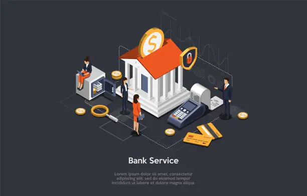 Vector illustration of Concept Of Isometric Bank Service, Savings And Investment. Business People And Employees Near Bank Building. Characters Wait For Bank Consultation. Bank Customer VIP Service. Vector Illustration