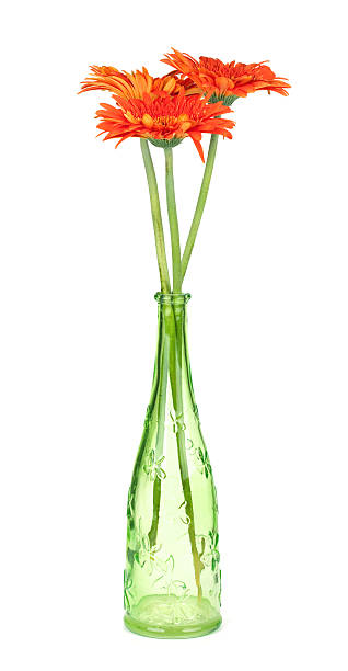 istock Three gerbera flowers in green bottle 121161904