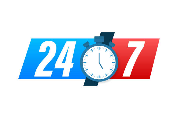 24-7 servicekonzept. 24-7 geöffnet. support-service-symbol. vektor-stock-illustration. - clock number 7 clock face watch stock-grafiken, -clipart, -cartoons und -symbole