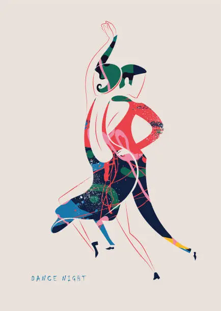 Vector illustration of Dancing, couple, dance couple, fashion in the style of the 20s - vector illustration