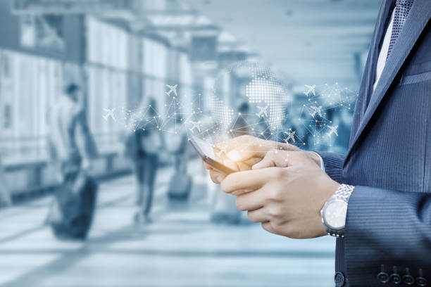 Businessman buys tickets in a mobile device.