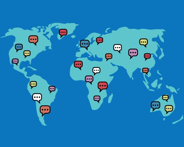 illustrations, cliparts, dessins animés et icônes de pays et bulles de discussion sur la carte du monde - connect mot anglais