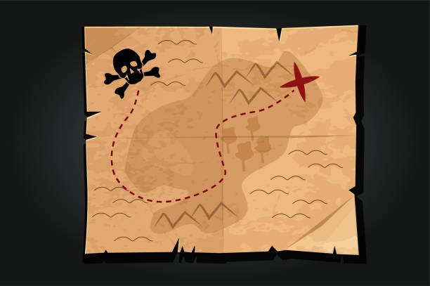 istock Pirate cartoon vintage paper treasure map with a skull. 1211625217