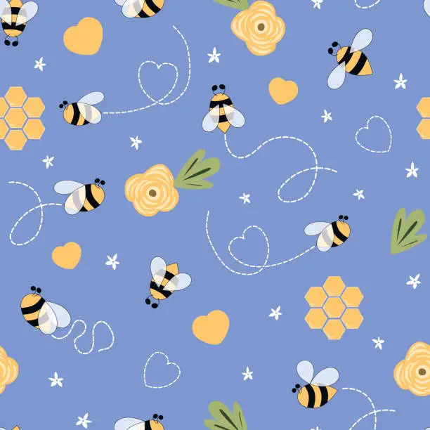 Vector illustration of Kids bee seamless pattern in violet background Cute cartoon doodle bees, flowers, honey, hearts lovely vector print