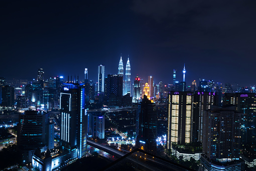 Night time panoramic view of the rooftops of Kuala Lumpur, Malaysia