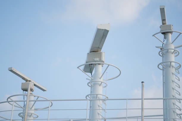 the upper part navigational equipment  is the roof of a luxurious cruise ship. - sea safety antenna radar imagens e fotografias de stock